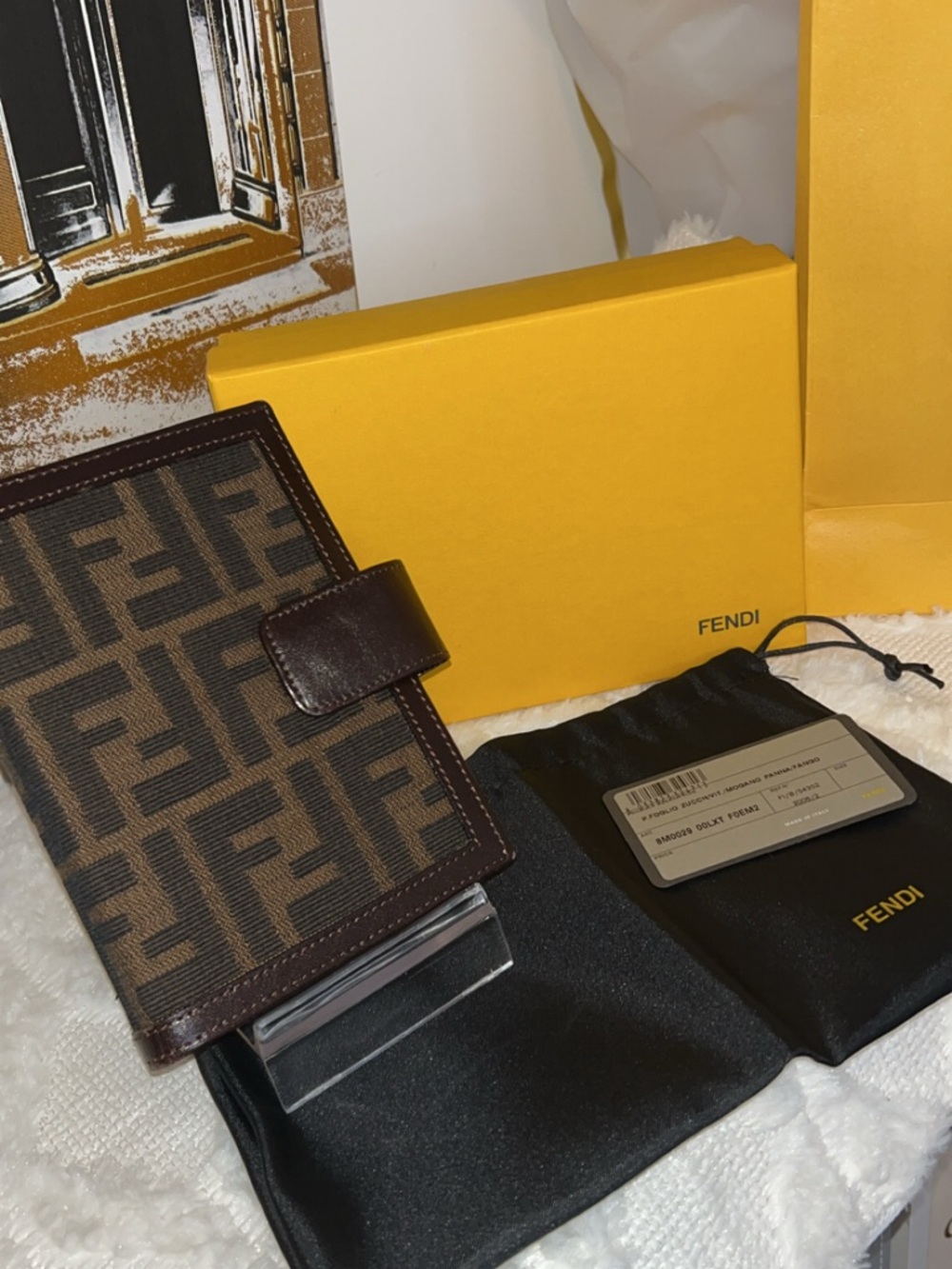 Fendi Brown Zucca Canvas Agenda or Passport Cover with Dark Brown Trim